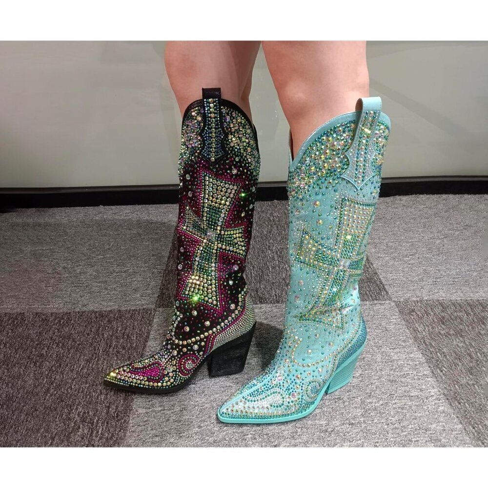 Women's Blue Fashion Rhinestone Cross Western Knee-High Cowboy Faux Leather Boot - Picture 9 of 9